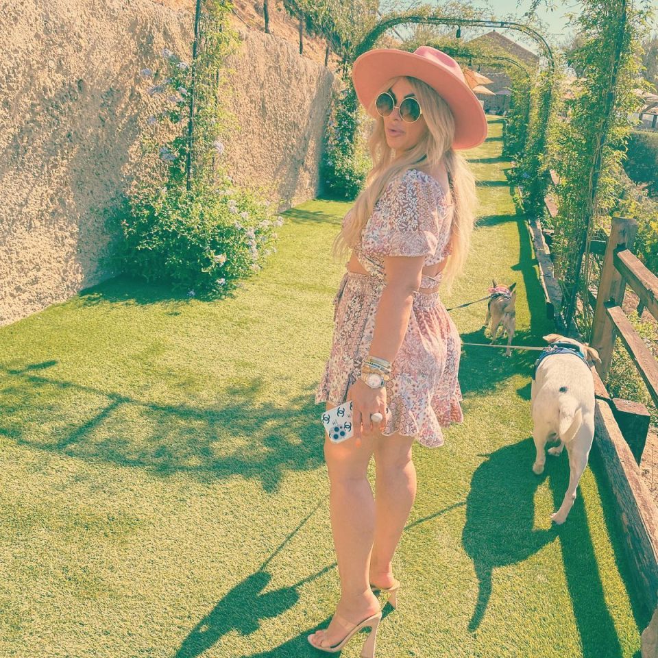 Woman in a pink dress and hat walking two dogs on a grassy path.
