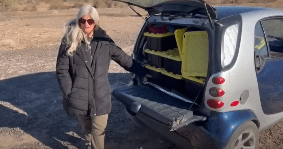 Woman standing by a Smart car with its trunk open, showing storage containers inside.