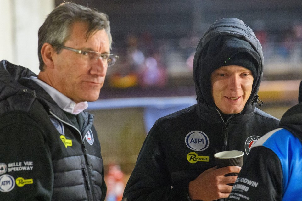 Belle Vue Aces' team manager Mark Lemon and Dan Bewley at a speedway match.