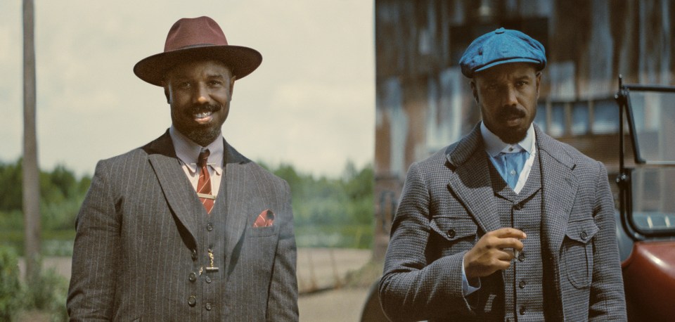 Michael B. Jordan portraying two characters in a scene from "Sinners."