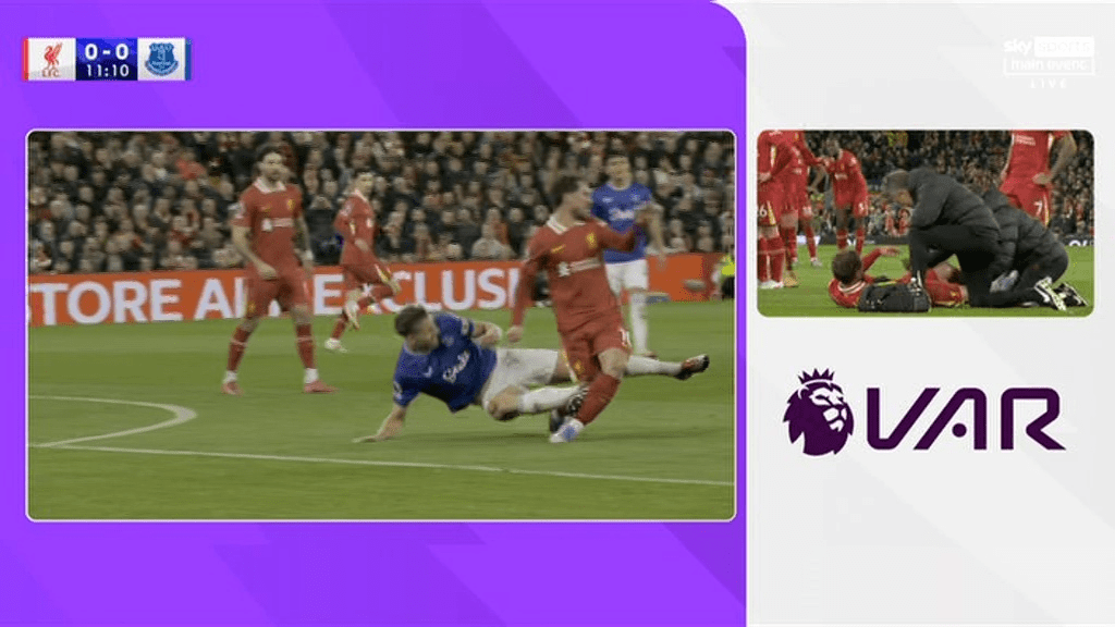 Soccer game footage showing a player tackled and VAR review.