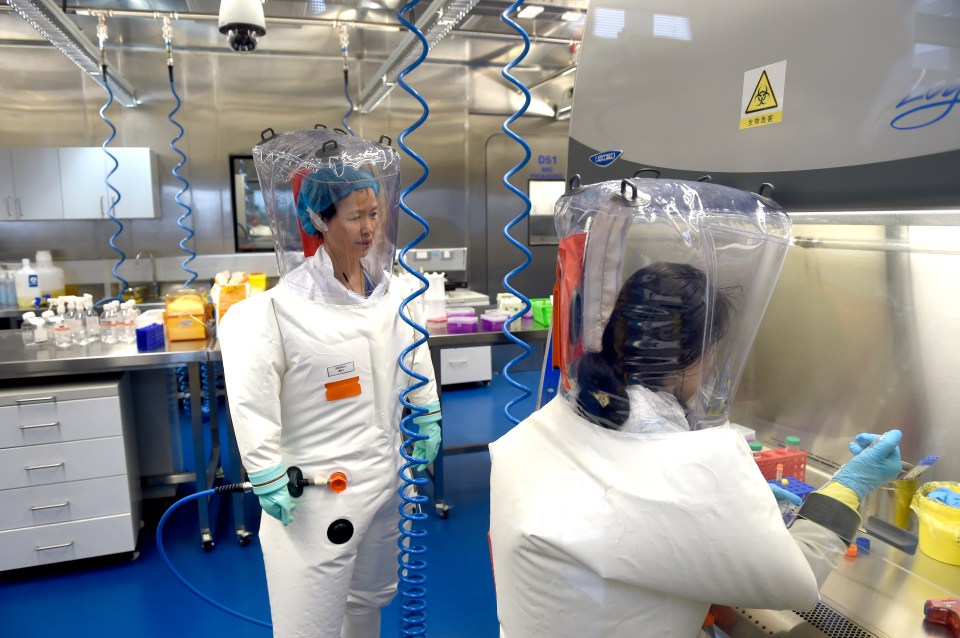 Two scientists in protective suits working in a lab.
