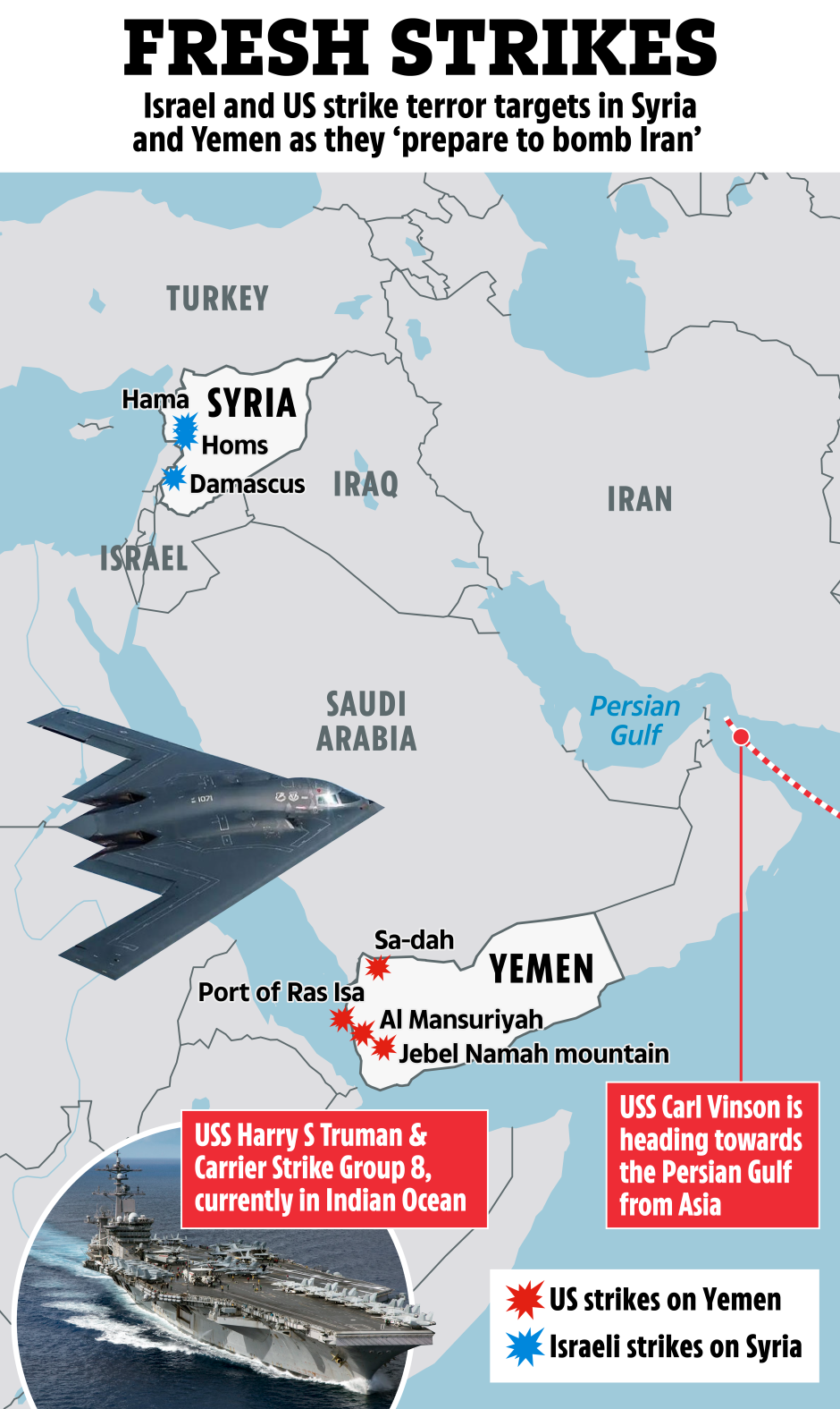 Illustration of a map showing US and Israeli strikes in Syria and Yemen.