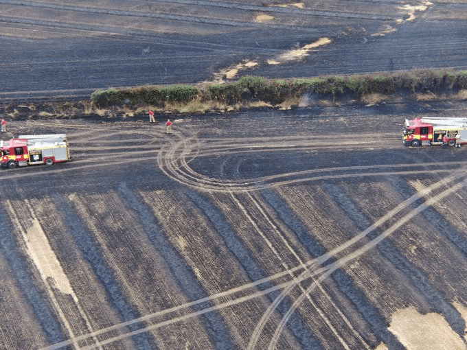 Aerial view of firefighters and fire trucks on a burned field.