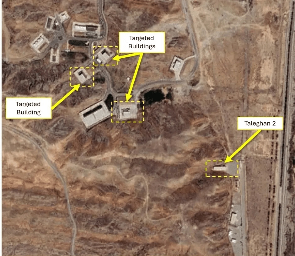 Aerial view of Taleghan 2 with targeted buildings highlighted.
