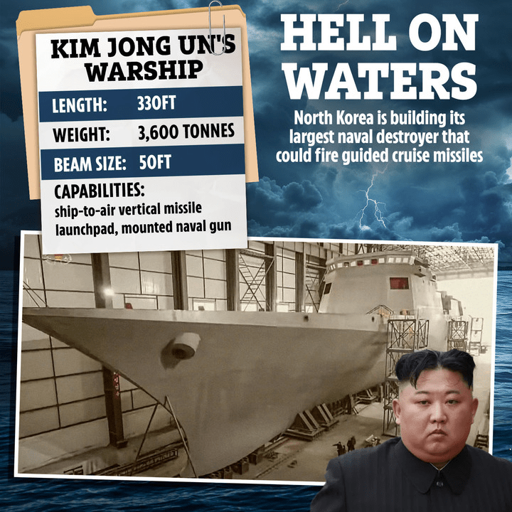 Illustration of Kim Jong Un's new warship, with specifications and capabilities.