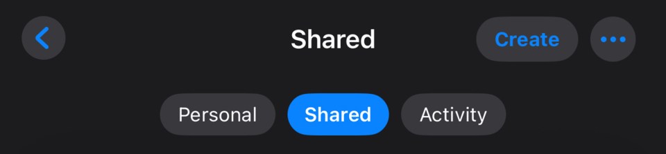 Screenshot of iPhone screen showing options for Shared, Personal, and Activity.