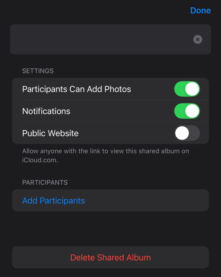 Screenshot of iCloud shared album settings.