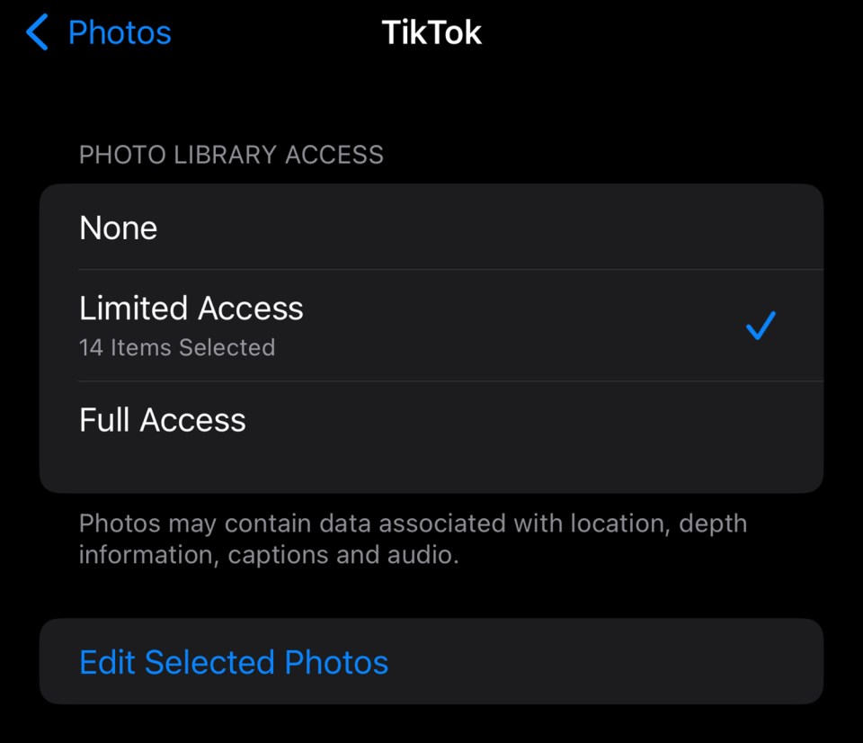 TikTok photo library access settings: Limited Access selected (14 items).