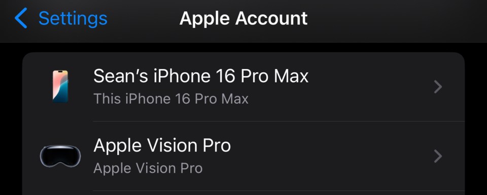 Screenshot of Apple Account settings showing Sean's iPhone 16 Pro Max and Apple Vision Pro.
