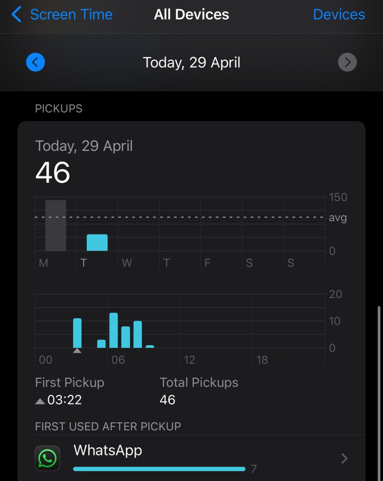 iPhone screen showing 46 WhatsApp pickups today.