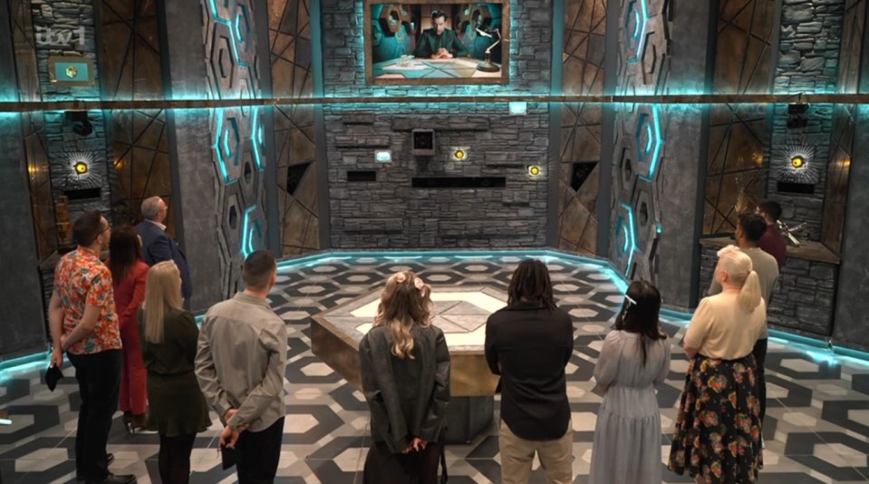 Contestants on a game show set.