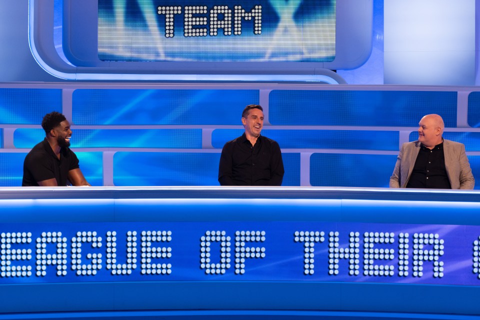 Gary Neville, Joel Dommett, Dara O’Briain, and Katherine Ryan on a game show.
