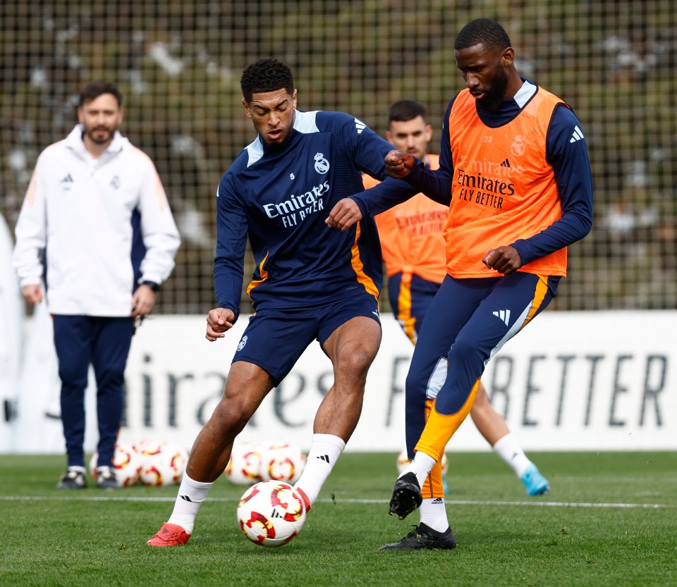 Jude Bellingham and Antonio Rüdiger of Real Madrid training.