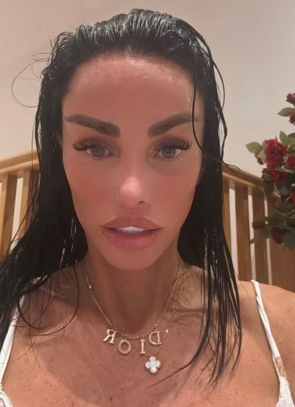 Close-up of Katie Price with wet hair and a Dior necklace.