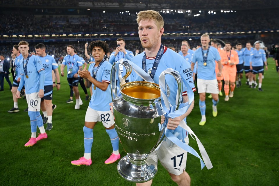 Kevin De Bruyne of Manchester City holding the UEFA Champions League trophy.