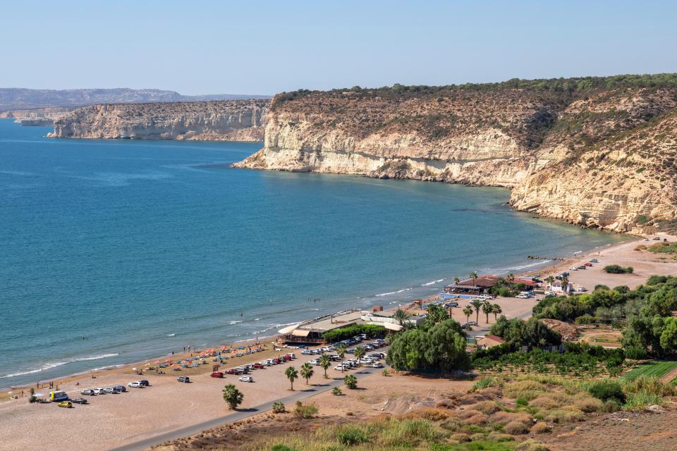 Aerial view of Kourion Beach in Limassol, Cyprus.