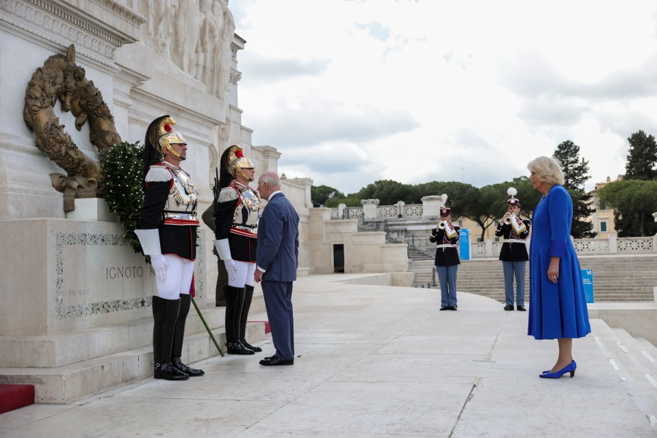 King Charles III and Queen Camilla at the Tomb of the Unknown Soldier in Rome.
