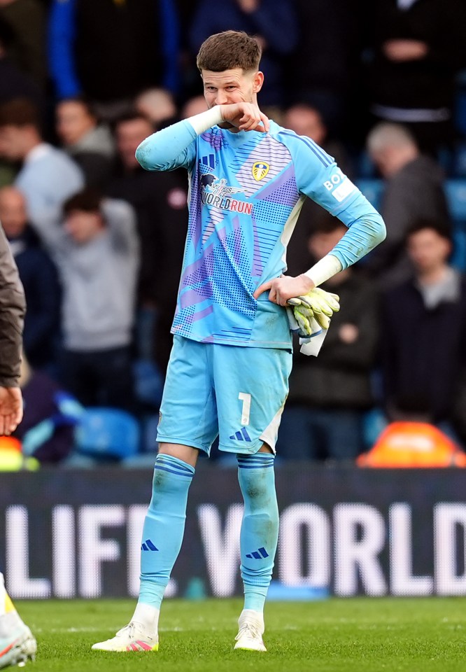 Illan Meslier, Leeds United goalkeeper, looking dejected.