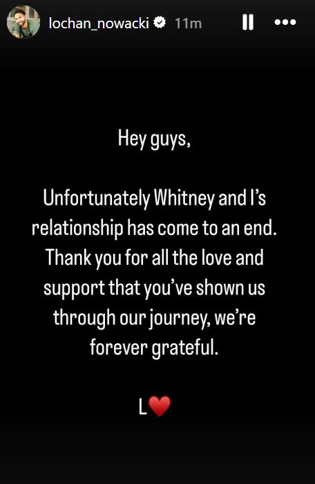 Screenshot of Instagram post announcing a relationship breakup.