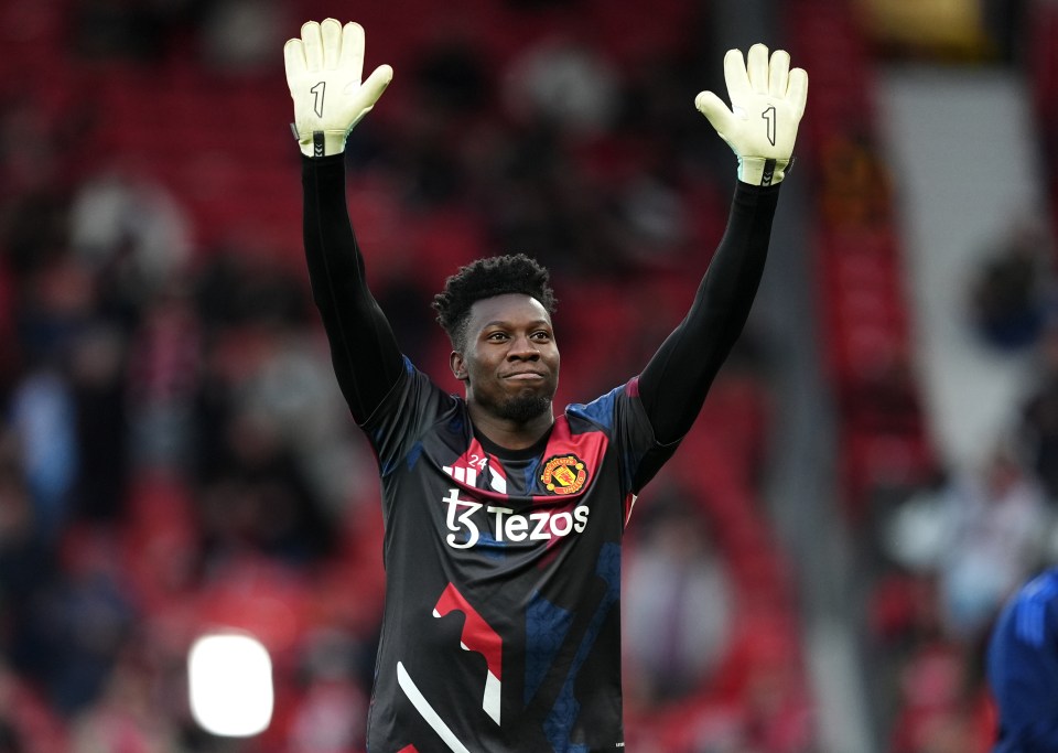 Andre Onana, Manchester United goalkeeper, warming up.