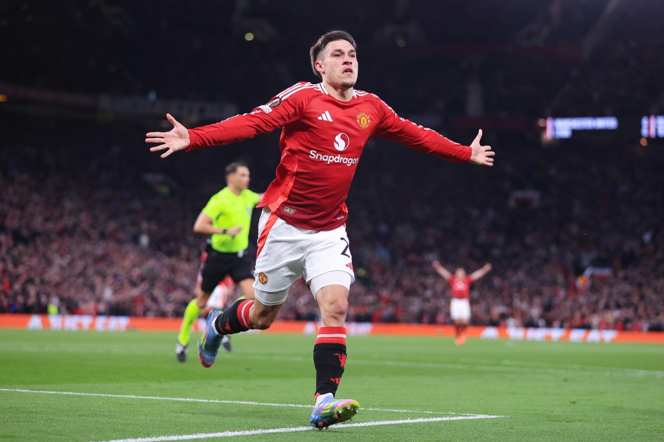 Manuel Ugarte of Manchester United celebrating a goal.