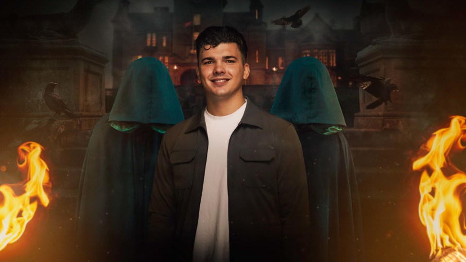 A contestant from The Traitors flanked by two figures in hooded cloaks.