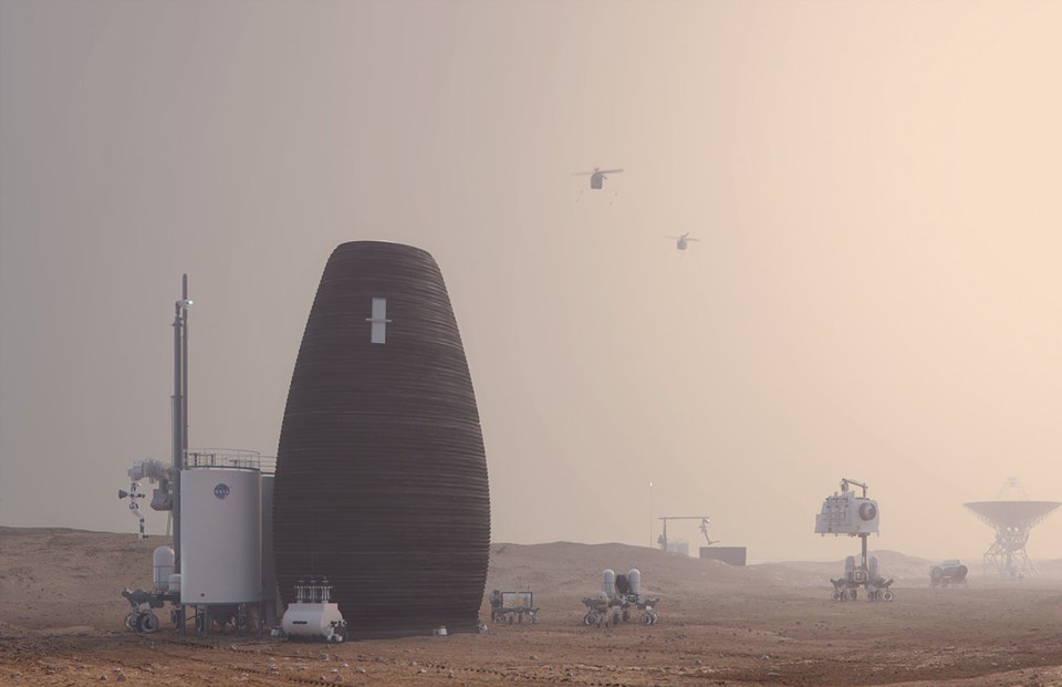 Illustration of Mars habitat design with rovers and helicopters.