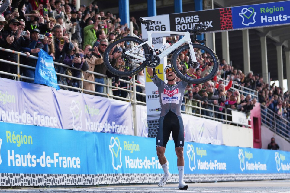 Cyclist Mathieu van der Poel wins the Paris-Roubaix race.