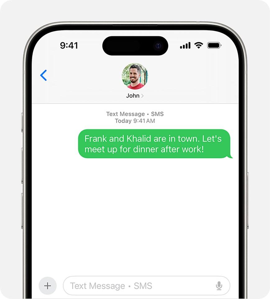 iPhone screen showing a text message from John inviting Frank and Khalid to dinner.