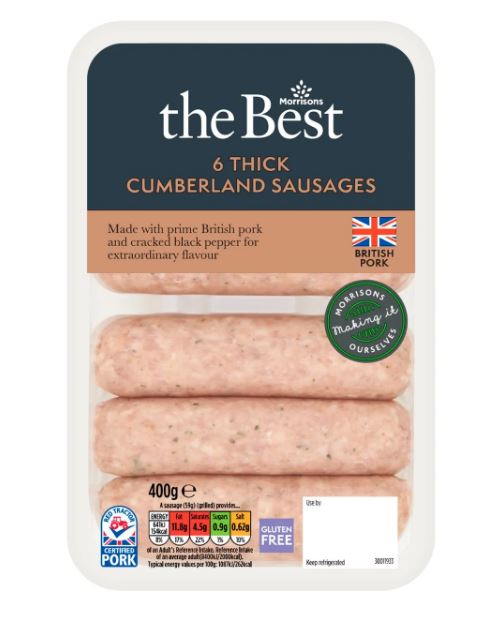 Package of six thick Cumberland sausages.
