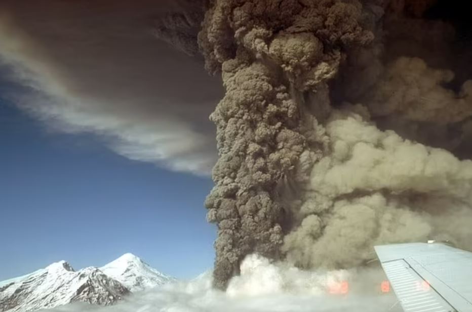 Mount Spurr erupting, viewed from an airplane.