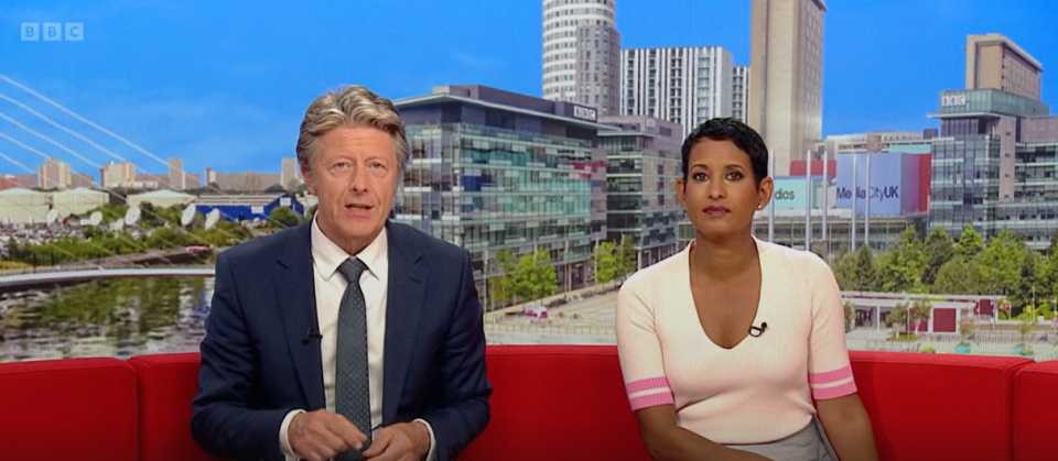 Naga Munchetty and Charlie Stayt presenting BBC Breakfast.