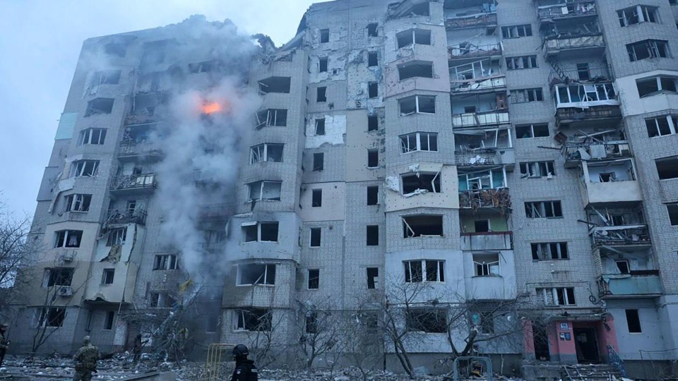 Damaged apartment building in Kupiansk after a Russian missile strike.