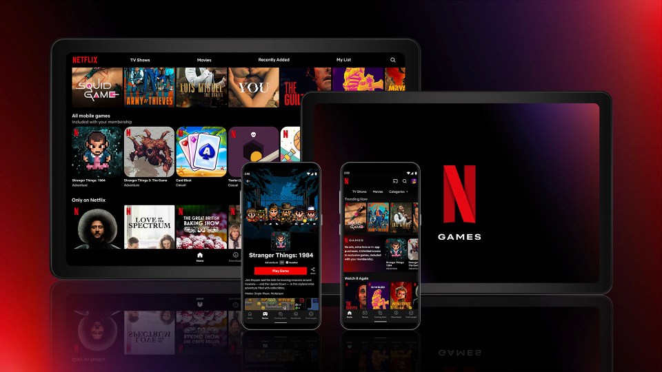 Netflix mobile app interface showing games and TV shows.