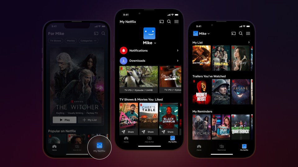 Netflix app interface showing profile, downloads, my list, and recommendations.