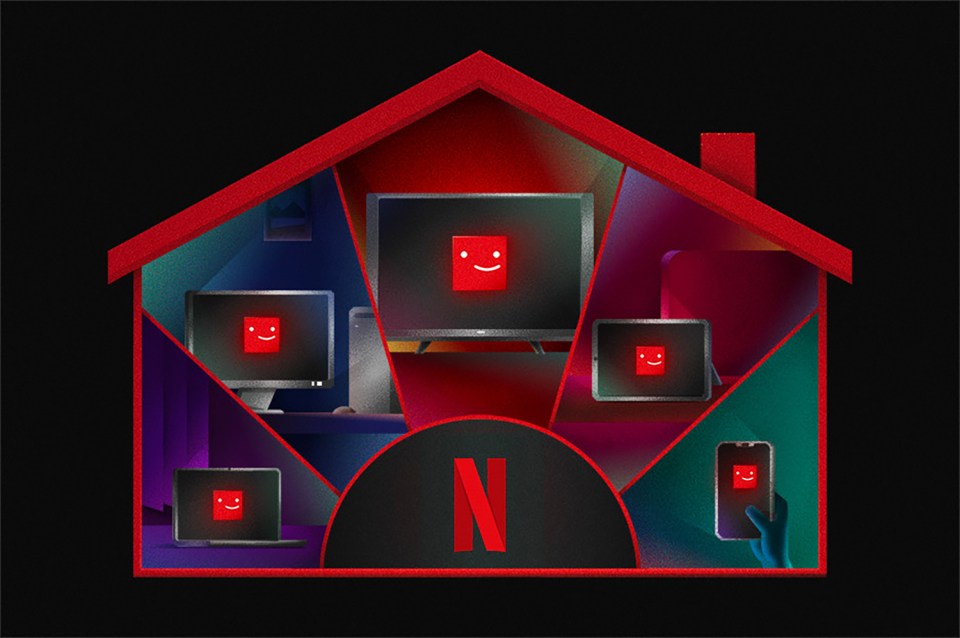 Illustration of a house with Netflix on various devices inside.