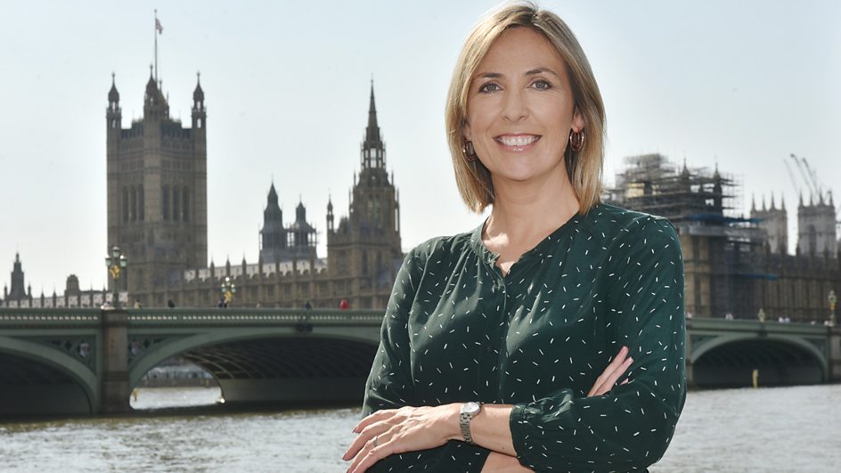 Vicki Young, new BBC Politics Live presenter, in front of the Houses of Parliament.