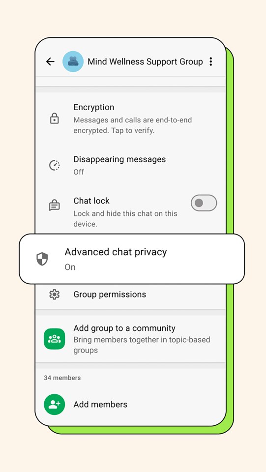 Screenshot of WhatsApp group settings showing encryption, disappearing messages, chat lock, advanced chat privacy, group permissions, and options to add the group to a community and add members.