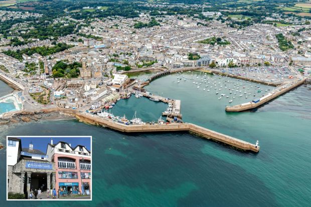 An image collage containing 2 images, Image 1 shows Aerial view of Penzance, Cornwall, showing the harbor, Jubilee Pool, and town, Image 2 shows Wharfside Shopping Centre in Penzance, Cornwall