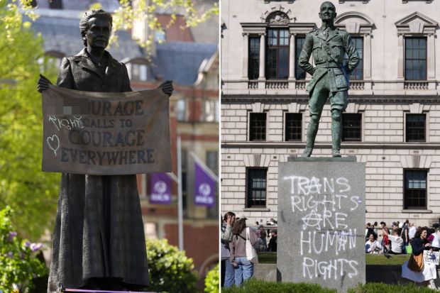 An image collage containing 2 images, Image 1 shows Statue in Parliament Square with graffiti reading &quot;Courage calls to courage everywhere&quot;, Image 2 shows Graffiti reading &quot;Trans Rights Are Human Rights&quot; on a statue in Parliament Square