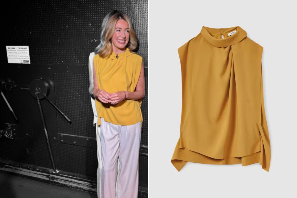 An image collage containing 2 images, Image 1 shows Cat Deeley in a yellow top and white pants, Image 2 shows Mustard yellow sleeveless top with high neck