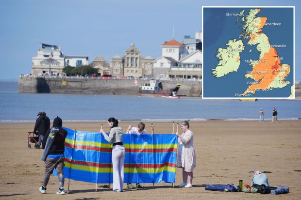 An image collage containing 2 images, Image 1 shows People erecting a windbreak on a beach, Image 2 shows Map of the UK showing temperature differences compared to 24 hours earlier