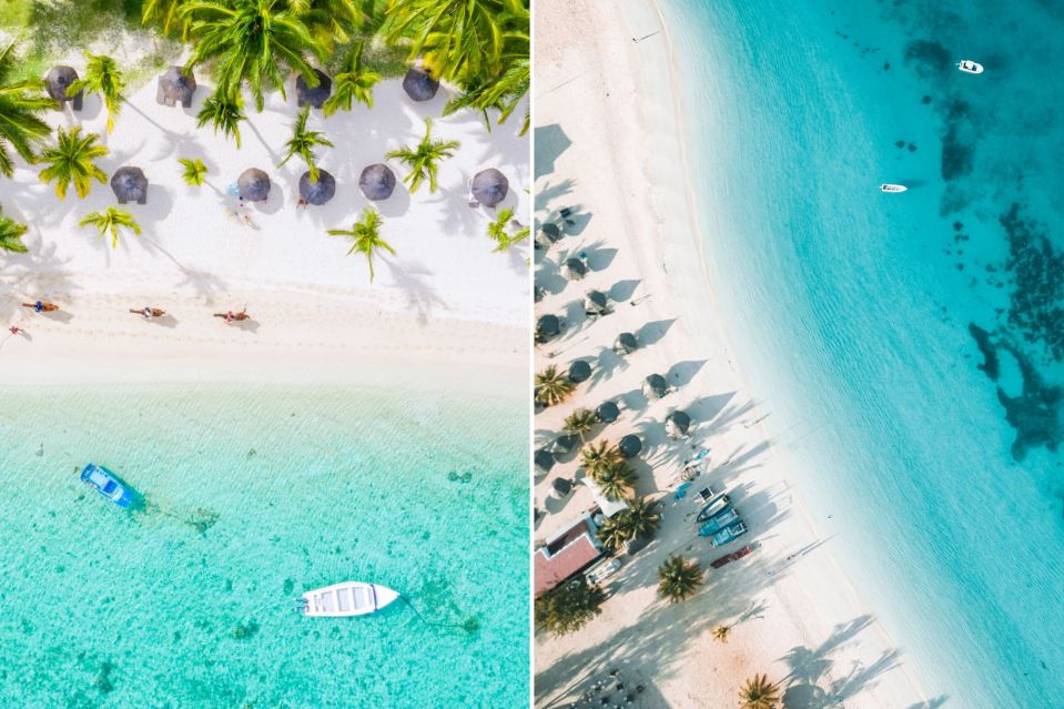 An image collage containing 2 images, Image 1 shows Aerial view of people horseback riding on a tropical beach, Image 2 shows Aerial view of Zanzibar beach with boats in turquoise water