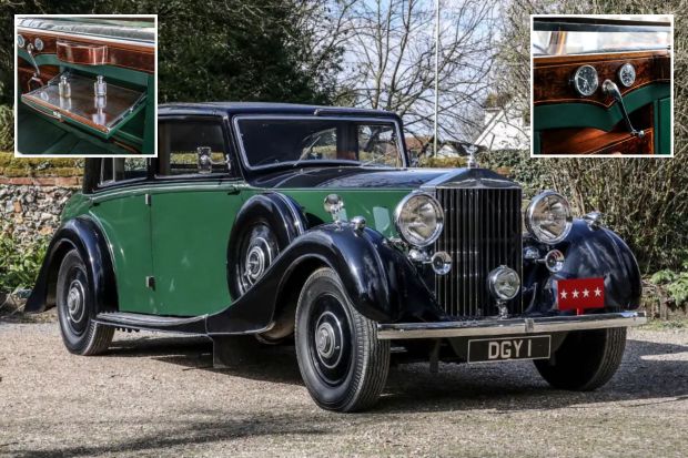 An image collage containing 3 images, Image 1 shows Winston Churchill's 1936 Rolls-Royce Phantom III, Image 2 shows Close-up of a 1936 Rolls-Royce Phantom III's dashboard, Image 3 shows Interior detail of Winston Churchill's 1936 Rolls-Royce Phantom III, showing a fold-down tray with two perfume bottles