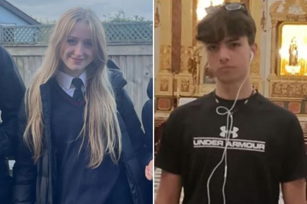 An image collage containing 2 images, Image 1 shows Photo of Isabelle, a missing 16-year-old girl with blonde hair, wearing a black coat and school uniform, Image 2 shows Missing person Daniel, 16, short dark brown hair, wearing a black t-shirt and black collared coat
