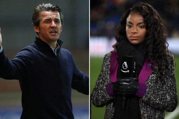 An image collage containing 2 images, Image 1 shows Joey Barton, manager of Fleetwood Town, gesturing during a soccer match, Image 2 shows Eni Aluko holding a Premier League microphone
