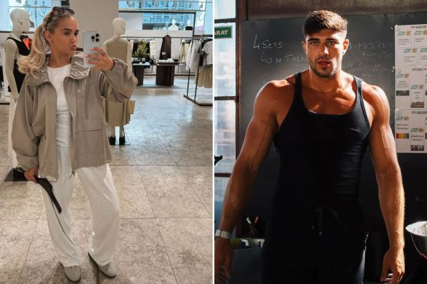 An image collage containing 2 images, Image 1 shows Woman in a taupe jacket and gray sweatpants taking a selfie in a clothing store, Image 2 shows Tommy Fury in Budapest