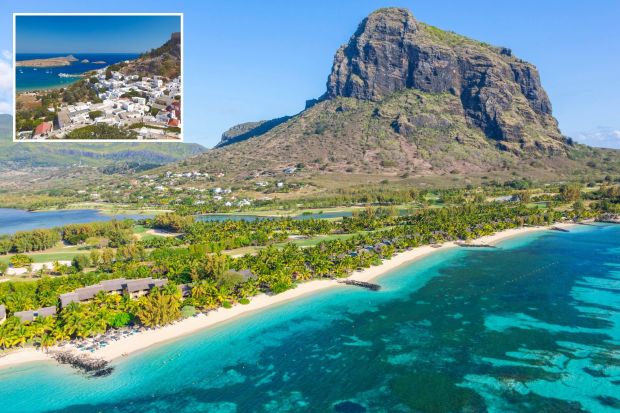 An image collage containing 2 images, Image 1 shows Aerial view of Le Morne Brabant Peninsula in Mauritius, Image 2 shows Aerial view of Lindos, Rhodes, Greece