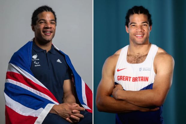 An image collage containing 2 images, Image 1 shows Smiling man draped in a flag, Image 2 shows Portrait of a smiling man wearing a Great Britain athletics singlet